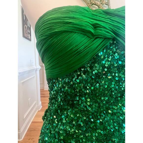 SCALA 100% SILK TOP SEQUINED BEADED NECK FLOOR LENGTH GREEN GOWN WOMENS SIZE 5 - Picture 7 of 15